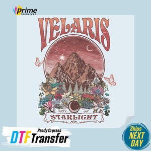 May include: A vintage-style graphic design featuring the text "Velaris, City of Starlight" with a mountain range, moon, stars, and flowers in a circle. The design has a distressed, faded look.