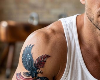 Patriotic American Eagle Temporary Tattoo, US Flag Fake Tattoo for 4th of July, Fourth of July Body Art, Realistic Patriotic Gifts for Men