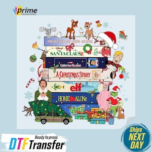 May include: A DTF Transfer design featuring a stack of Christmas movie VHS tapes, including "Home Alone" and "Elf." The design includes cartoon characters and festive elements like snowflakes and presents. The text "Ready to press DTF Transfer" is also included.