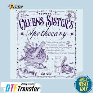 May include: A purple graphic print on a light background featuring the text Owens Sister's Apothecary, Est. 1995, and a poem about salt, rosemary, and lavender. The design includes a mortar and pestle, a glass bottle, and botanical illustrations.