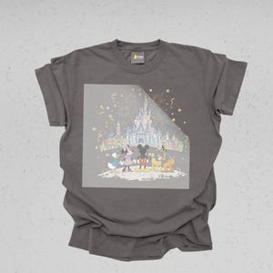 May include: A gray t-shirt featuring a colorful illustration of Disney characters in front of a castle with fireworks. The graphic includes Mickey Mouse, Minnie Mouse, Donald Duck, and Goofy. The shirt has a crew neck and short sleeves.