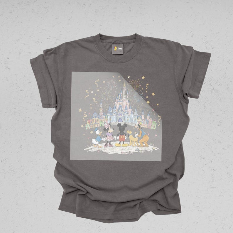 May include: A gray t-shirt featuring a colorful illustration of Disney characters in front of a castle with fireworks. The graphic includes Mickey Mouse, Minnie Mouse, Donald Duck, and Goofy. The shirt has a crew neck and short sleeves.