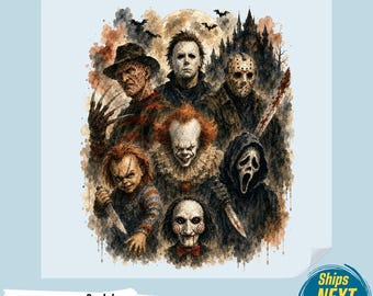 Horror Icons DTF Transfer, Vintage Watercolor Halloween Villains Design, Scary Movie Heat Press Print, Spooky Slasher Shirt Decal