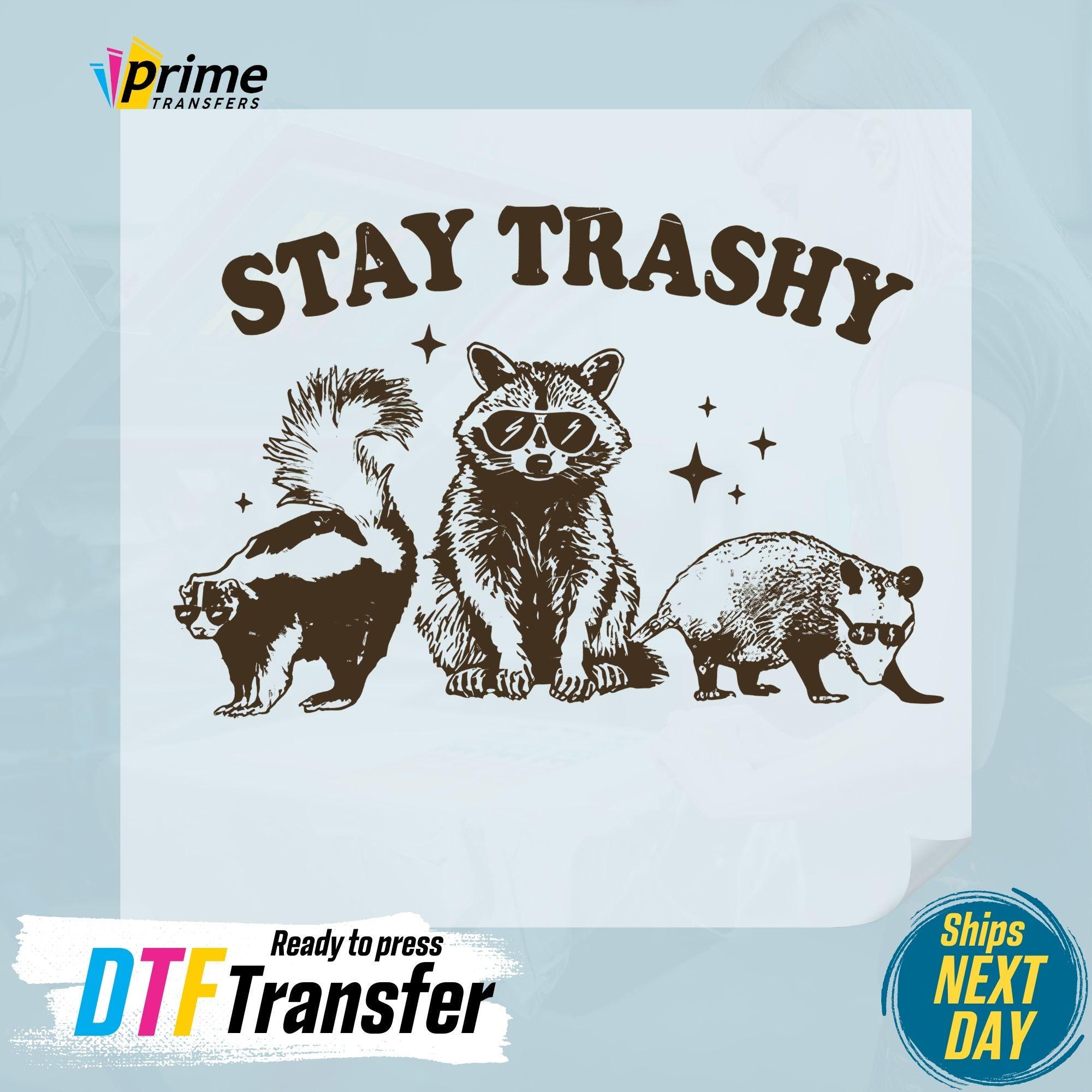 Vintage Stay Trashy Raccoons DTF Transfer, Funny Opossum Heat Transfer, Easy Application, Perfect for Quirky Apparel, Ready to Press
