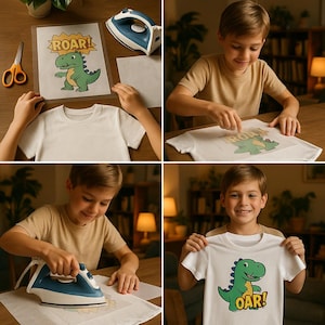 May include: A step-by-step guide on how to iron on a dinosaur graphic to a white t-shirt. The graphic features a green dinosaur with the word "Roar!" printed on it.