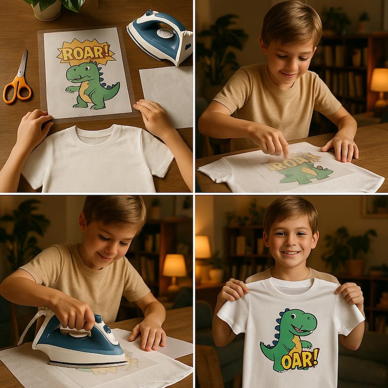 May include: A step-by-step guide on how to iron on a dinosaur graphic to a white t-shirt. The graphic features a green dinosaur with the word "Roar!" printed on it.