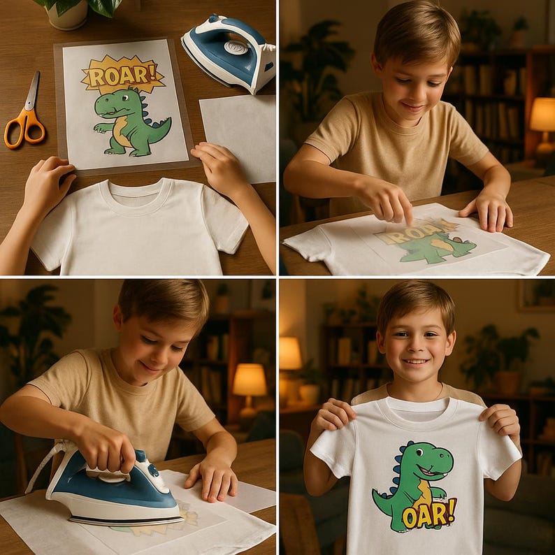 May include: A white t-shirt with a green dinosaur graphic that says "ROAR!" being ironed on. The image shows the process of applying the graphic using a blue iron. The dinosaur is green with yellow accents.