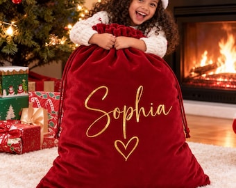 Personalized Christmas Santa Sack, Custom Name Velvet Gift Bag, Red Drawstring Present Bag for Kids, Heart or Paw Design