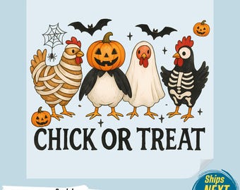 May include: A Halloween graphic with four chickens in costumes: a mummy, a pumpkin, a ghost, and a skeleton. The text "CHICK OR TREAT" is below the chickens. Bats, a spider web, and pumpkins are also included. A fun design for Halloween.