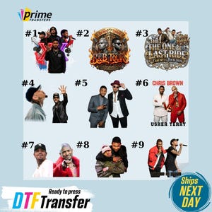 May include: A collection of DTF (Direct to Film) transfer designs featuring various R&B artists. The designs include images of Chris Brown, Usher, and others, with tour and event branding. The transfers are ready to press.