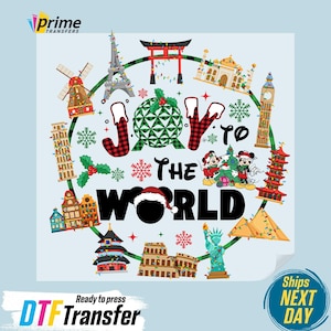 May include: A DTF transfer featuring a festive design with the words "Joy to the World" surrounded by iconic landmarks and holiday elements. The design includes Mickey and Minnie Mouse, snowflakes, and a Santa hat.