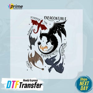May include: A digital transfer design featuring a black dragon with different types of tails, including a scorpion tail, swordtail, daggertail, feathertail, and morning startail. The design is surrounded by stars and the text "Dragontails" is written above the dragon.