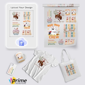 May include: A collection of products featuring colorful designs and text. Includes a white t-shirt with a cowboy riding a horse graphic, a tote bag with "Be Kind" text, a mug, and a phone case. The designs also feature a ghost and llama characters.