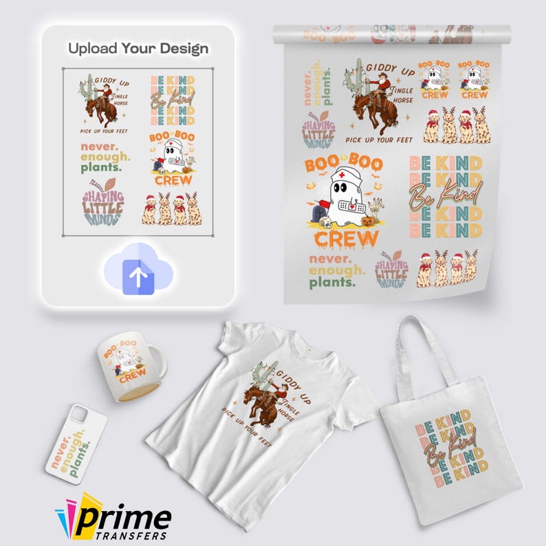 May include: A collection of products featuring colorful designs and text. Includes a white t-shirt with a cowboy riding a horse graphic, a tote bag with "Be Kind" text, a mug, and a phone case. The designs also feature a ghost and llama characters.