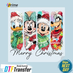 May include: DTF Transfer featuring Donald Duck, Minnie Mouse, Mickey Mouse, and Goofy in Christmas attire. The image includes the text "Merry Christmas" and is ready to press. The design is on a light blue background.