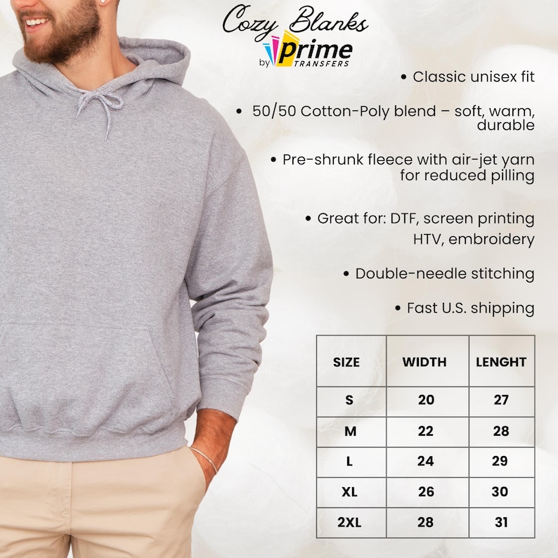 Może przedstawiać: Jasnoszara bluza z kapturem unisex z przednią kieszenią i kapturem ze sznurkiem. Obraz zawiera tekst "Cozy Blanks by Prime Transfers". Bluza z kapturem jest dostępna w rozmiarach S-2XL, o szerokościach od 50,8 do 71,1 cm i długościach od 68,6 do 78,7 cm.