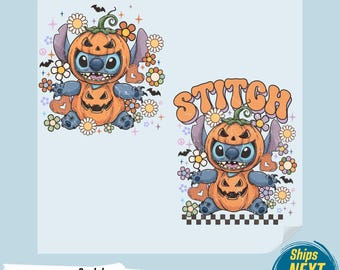 May include: DTF Transfer featuring Stitch in a pumpkin costume. The design includes Stitch with a jack-o'-lantern head, surrounded by flowers and bats. The word "Stitch" is written in orange. Ready to press.