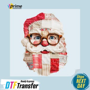 May include: A Santa Claus face design made of patchwork fabric, wearing glasses, with a white beard and red nose. The image includes the text "DTF Transfer" and "Ships Next Day".