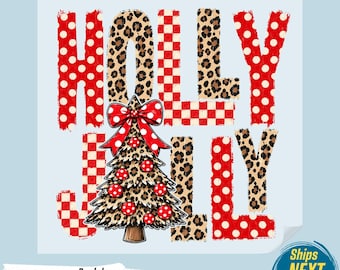 Holly Jolly Christmas Tree DTF, Leopard Plaid Ready to Press Iron On Decal, Holiday Heat Transfer Gang Sheet