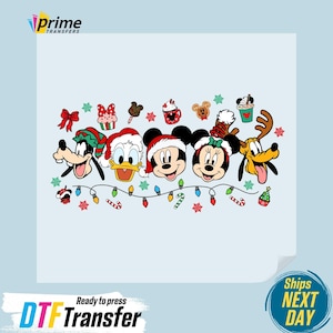 May include: A DTF Transfer featuring Disney characters Goofy, Donald Duck, Mickey Mouse, Minnie Mouse, and Pluto, all wearing Christmas hats. The design includes festive decorations like candy canes and lights. The text "Ready to press DTF Transfer" is visible.