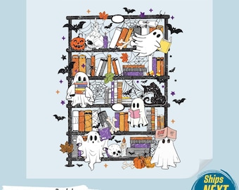 Librarian Ghost DTF Print, Halloween Teacher Gift, Black Cat (Ready to Press)