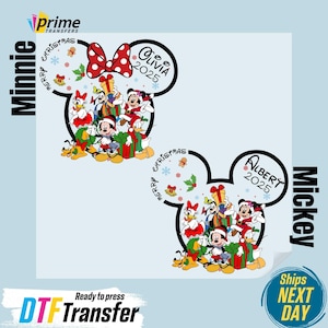 May include: DTF Transfer featuring Minnie and Mickey Mouse characters in Christmas attire. The Minnie design includes a red bow and the name "Olivia 2025". The Mickey design includes the name "Albert 2025". Both designs have "Merry Christmas" text.