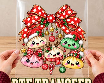 Cute Christmas Dumpling Bow DTF Transfer, Ready to Press Heat Print, Kawaii Bao Holiday Food Shirt Transfer, Xmas Iron On Graphic
