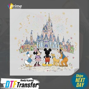 May include: DTF Transfer featuring Mickey Mouse, Minnie Mouse, Donald Duck, Goofy, and Pluto in front of a castle. The image includes fireworks and the text "Ready to press DTF Transfer".