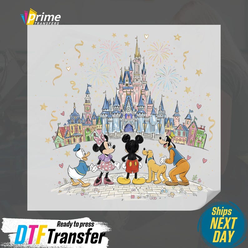 May include: DTF Transfer featuring Mickey Mouse, Minnie Mouse, Donald Duck, Goofy, and Pluto in front of a castle. The image includes fireworks and the text "Ready to press DTF Transfer".