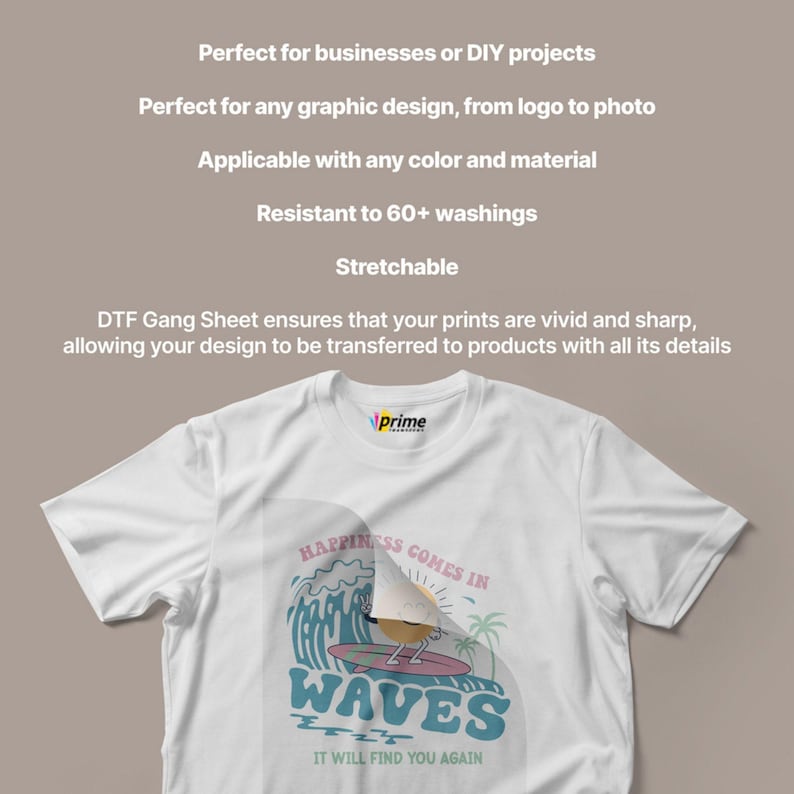 May include: White t-shirt with a colorful graphic design featuring the text "Happiness Comes in Waves" and a surfing bird. The shirt also has the text "It Will Find You Again". The shirt is made of a soft, comfortable material.