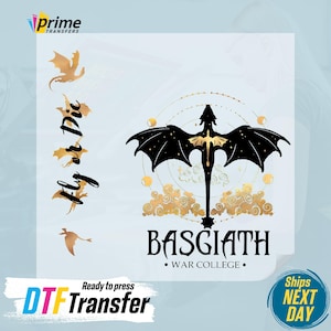 May include: A black silhouette of a dragon with gold accents, flying against a background of gold clouds and stars. The text "BASGIATH" and "WAR COLLEGE" is below the dragon.