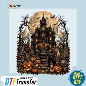May include: A graphic transfer featuring a dark gothic mansion under a large full moon, flanked by two white ghosts and bare trees. The scene includes carved jack-o'-lanterns, a black cat, tombstones, and autumn foliage. Text reads Prime Transfers.