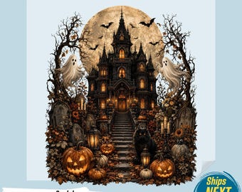 Haunted House Halloween DTF Transfer, Gothic Spooky Castle Iron On Design