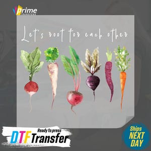 K&ouml;nnte beinhalten: Eine Aquarell-Illustration verschiedener Wurzelgem&uuml;se, darunter Radieschen, Karotten und R&uuml;ben, mit dem Text "Let's root for each other".