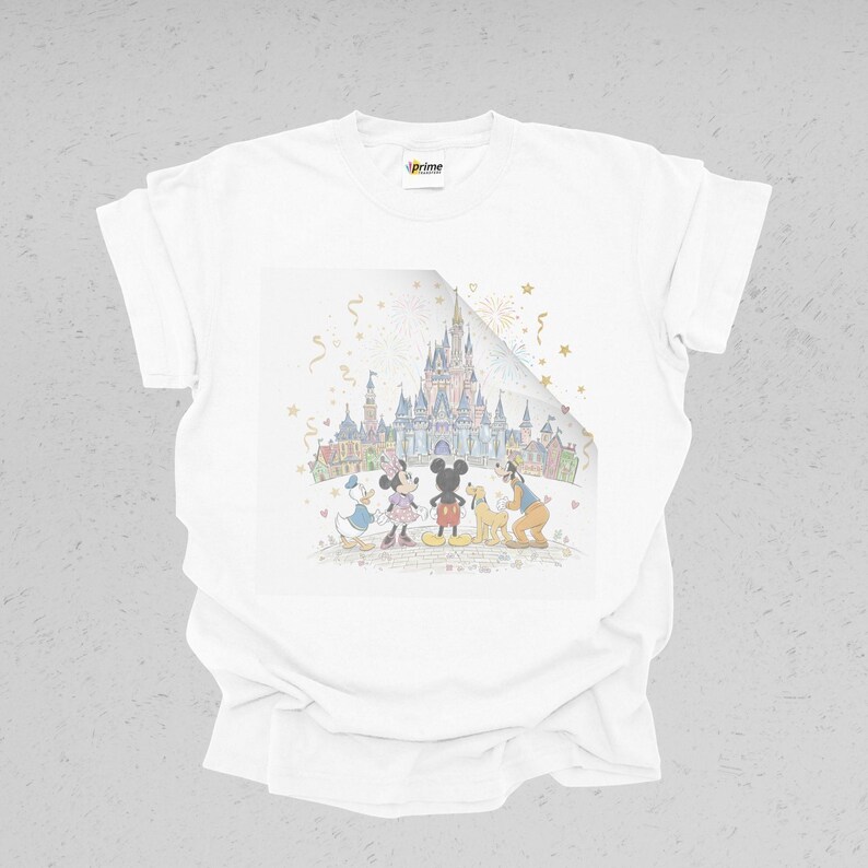 May include: White t-shirt featuring a colorful illustration of Disney characters Mickey Mouse, Minnie Mouse, Donald Duck, and Goofy in front of a castle. The design includes fireworks and confetti, creating a celebratory theme.