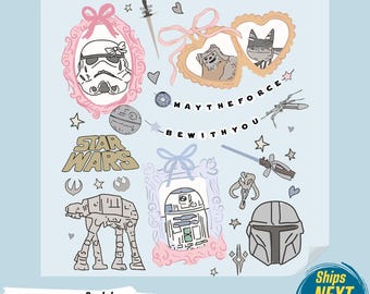 Transferencia DTF con temática espacial femenina, lazo rosa, galaxia, lista para planchar, "Que la fuerza te acompañe", Star Wars femenino, Star Wars pastel