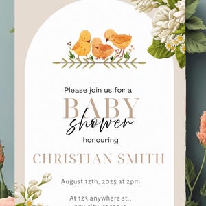 Faire-part de baby shower modifiable – Genre neutre | Carte imprimable de fête de naissance de poussin | Bohème, floral, téléchargement immédiat