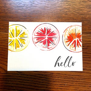 Set of 5 Hand Painted Watercolor Blank Note Cards – Flat 4x6 Cards with Envelopes, Blank, Citrus Fruit Design, “Hello” message