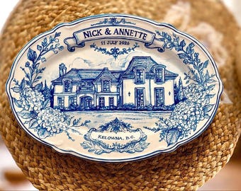 Painted ceramic house plate, personalized family plate, 9th anniversary gift, weeding keepsake