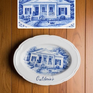 Custom painted ceramic house plate, personalized family souvenir, Mother's Day gift, blue white decor image 13