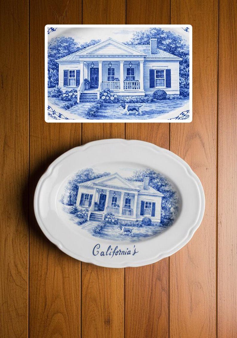 Custom painted ceramic house plate, personalized family souvenir, Mother's Day gift, blue white decor image 13