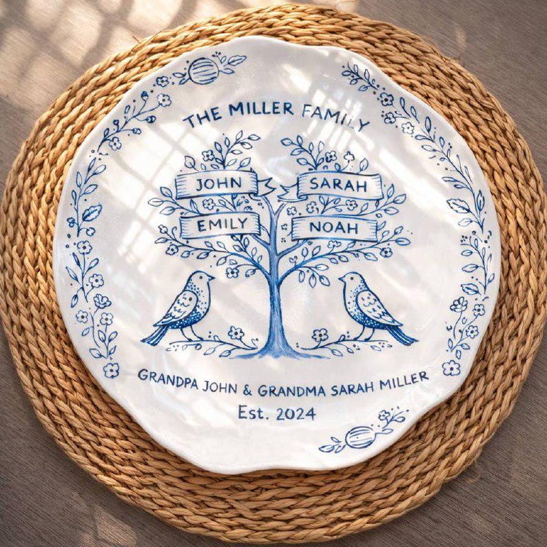 White Tree Plate Blue White Family Tree Plate, Custom Ceramic Platter, Hand Painted Home ...
