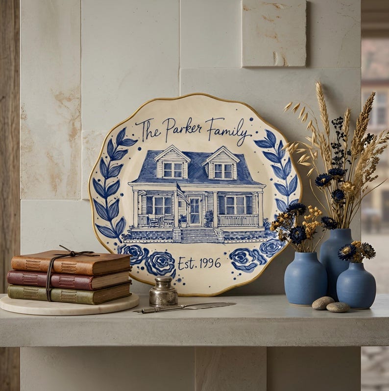 Custom painted ceramic house plate, personalized family souvenir, Mother's Day gift, blue white decor image 6