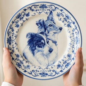 Plato con retrato de perro estilo sauce azul, recuerdo floral vintage para mascotas, regalo para cachorros recién nacidos