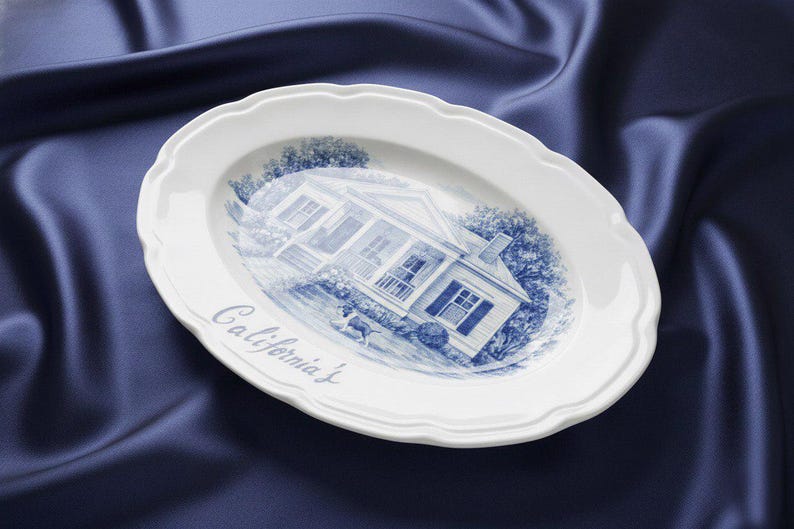 Custom painted ceramic house plate, personalized family souvenir, Mother's Day gift, blue white decor image 10