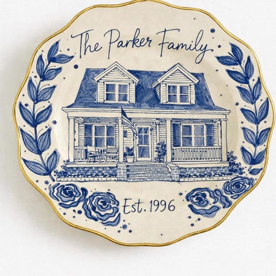 Custom painted ceramic house plate, personalized family souvenir, Mother's Day gift, blue white decor
