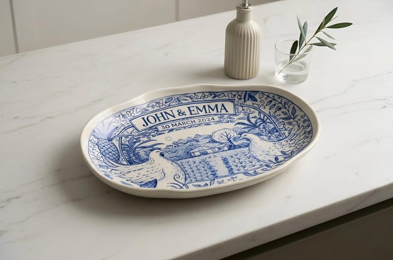Custom painted ceramic house plate, personalized family souvenir, Mother's Day gift, blue white decor image 8