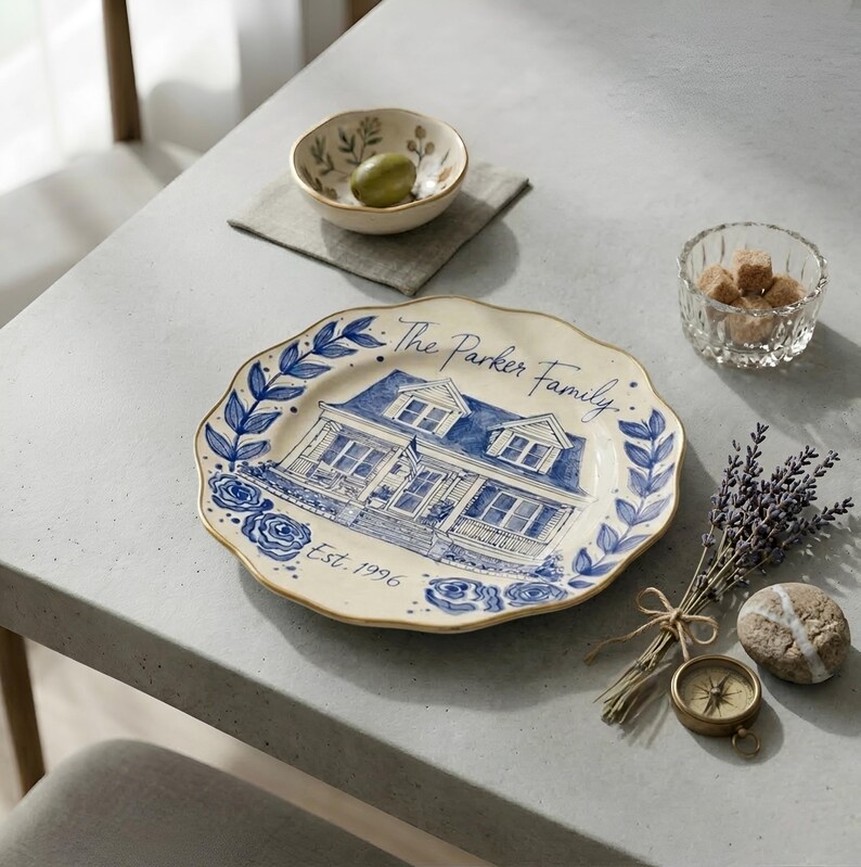 Custom painted ceramic house plate, personalized family souvenir, Mother's Day gift, blue white decor image 5