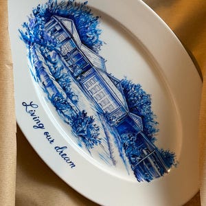 Custom painted ceramic house plate, personalized family souvenir, Mother's Day gift, blue white decor image 12