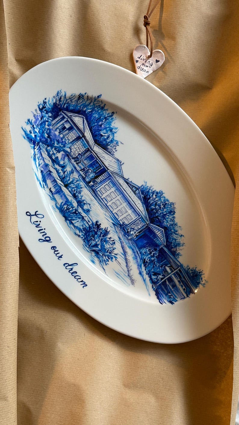 Custom painted ceramic house plate, personalized family souvenir, Mother's Day gift, blue white decor image 12